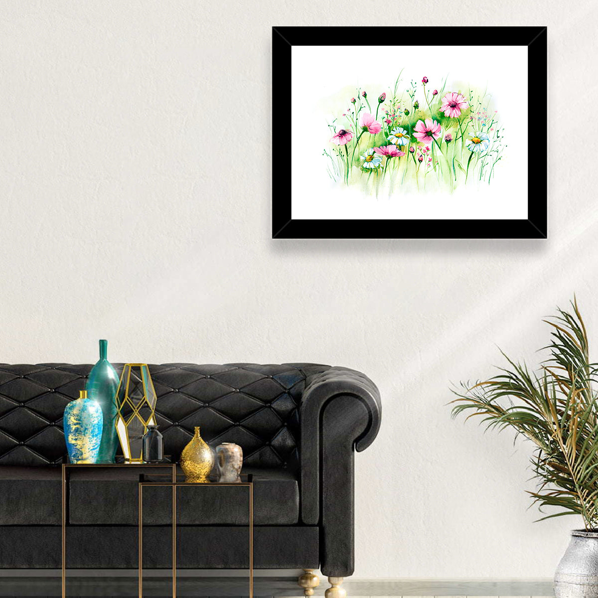 Airy Wildflower Meadow Watercolor Wall Art in a room, landscape