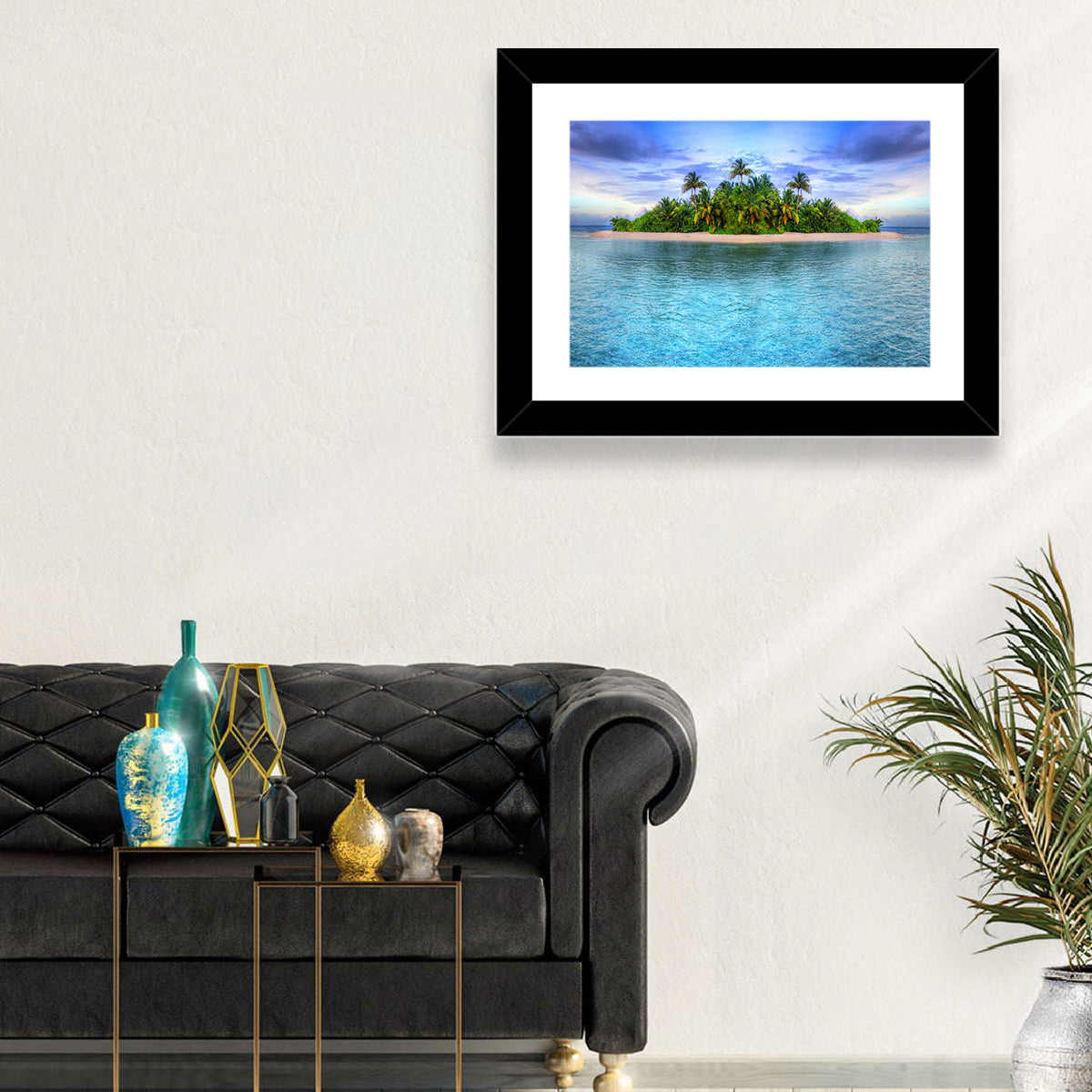 Mirrored Tropical Island Lagoon Wall Art in a room, landscape