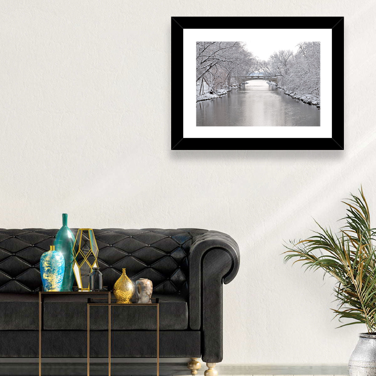 Yahara River Winter Stone Bridge Wall Art in a room, landscape