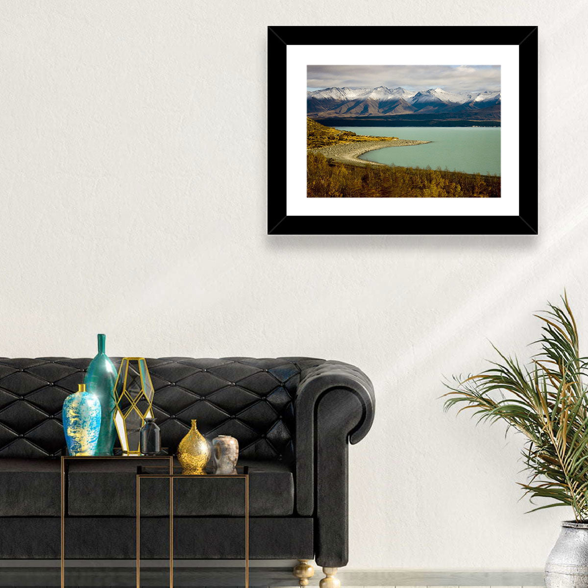Lake Pukaki Autumn Shoreline Wall Art in a room, landscape