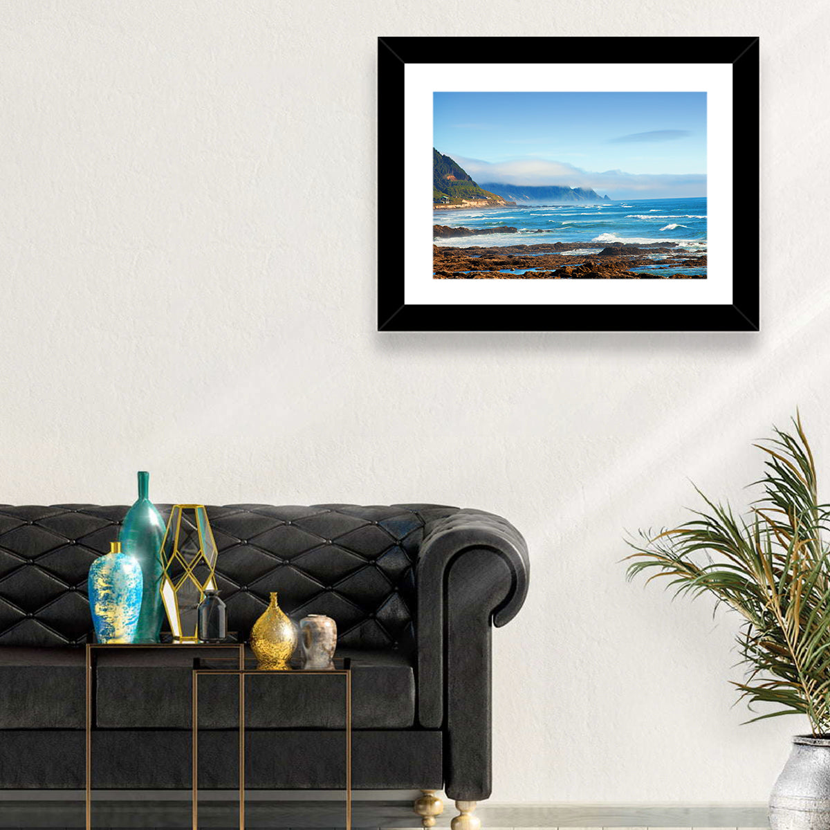 Misty Oregon Coast Tide Pools Wall Art in a room, landscape