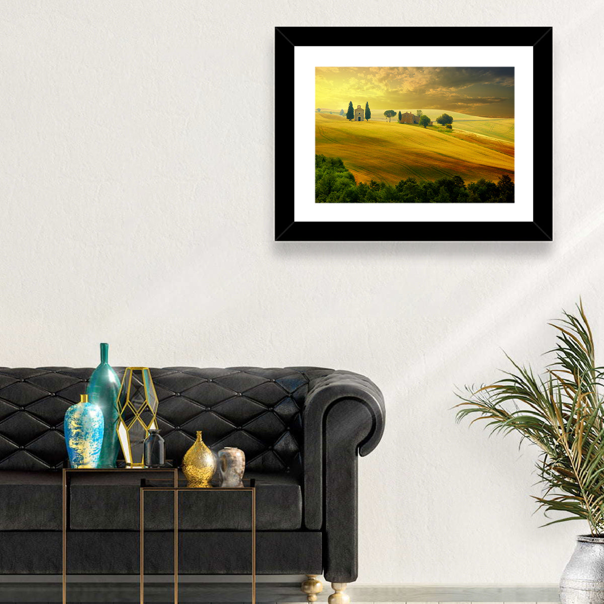 Tuscany Golden Hour Landscape Wall Art in a room, landscape