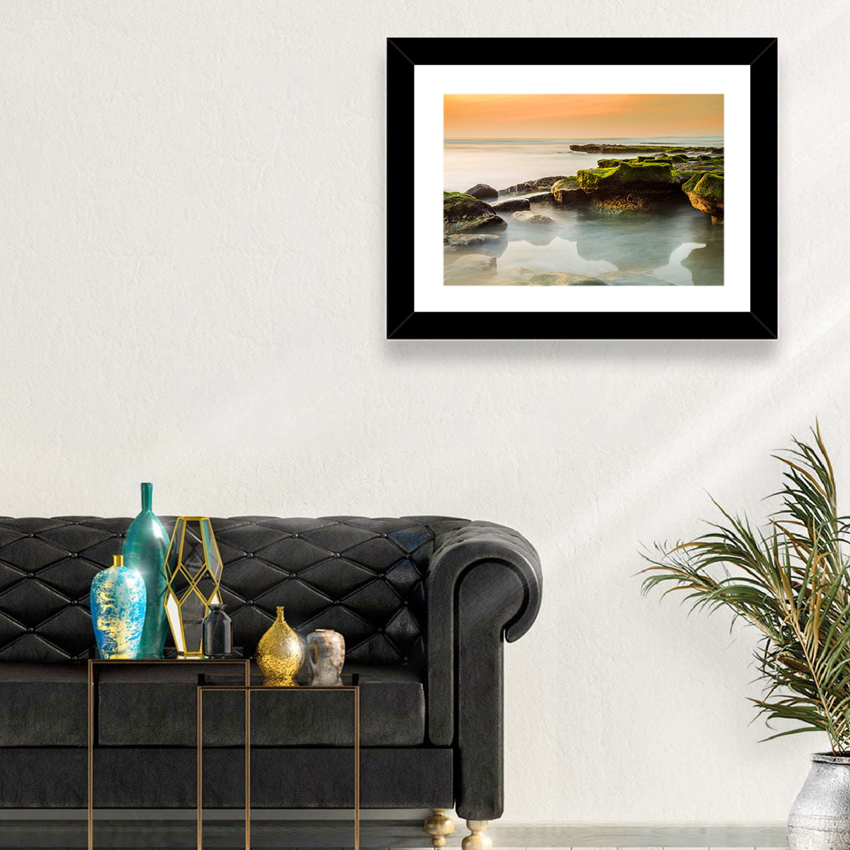 Mossy Rocky Coastline at Golden Hour Wall Art in a room, landscape