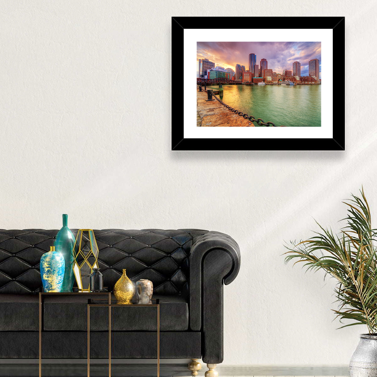 Boston Harbor Skyline at Sunset Wall Art in a room, landscape