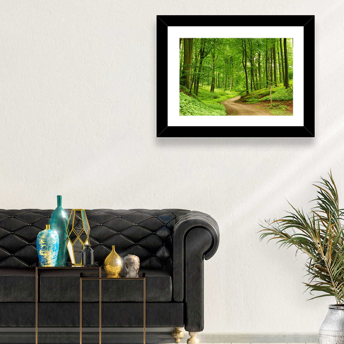 Sunlit Forest Path Wall Art in a room, landscape