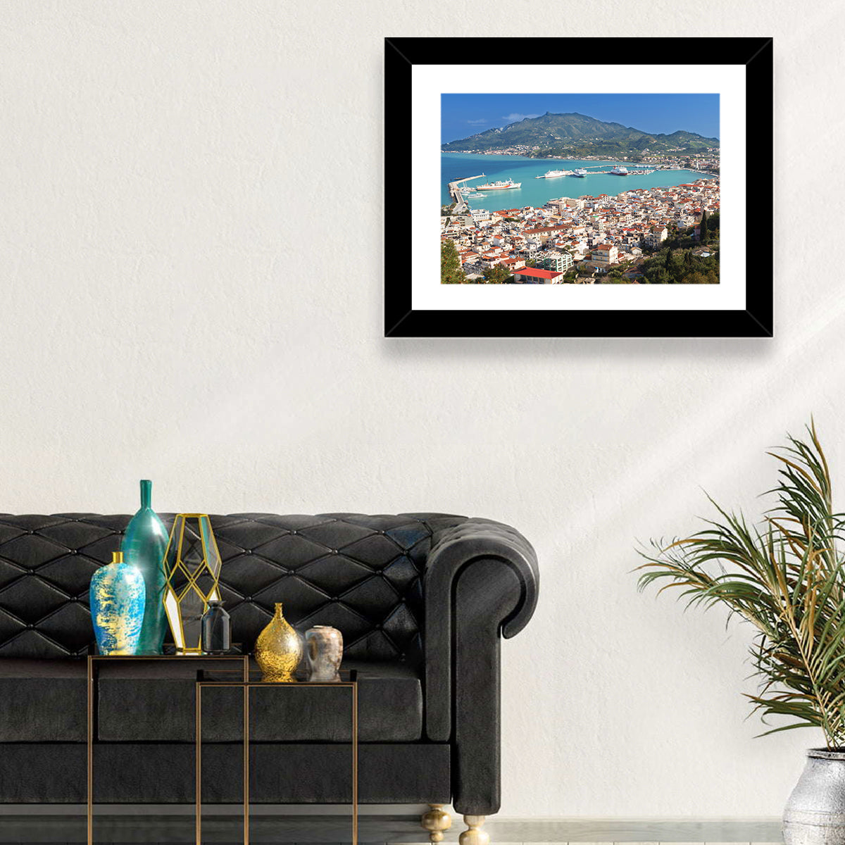 Zakynthos Harbor View Wall Art in a room, landscape