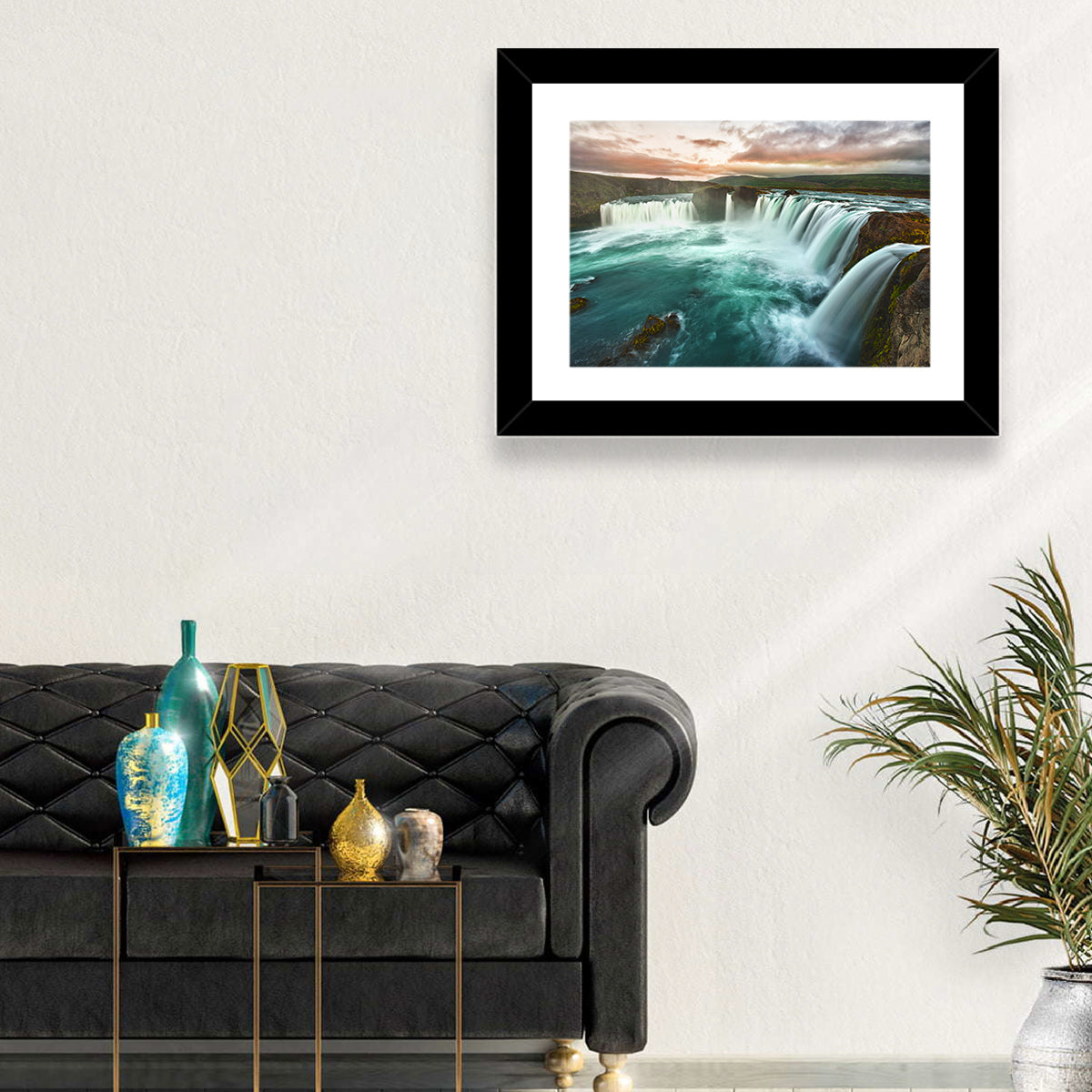 Goðafoss Waterfall at Golden Hour Wall Art in a room, landscape