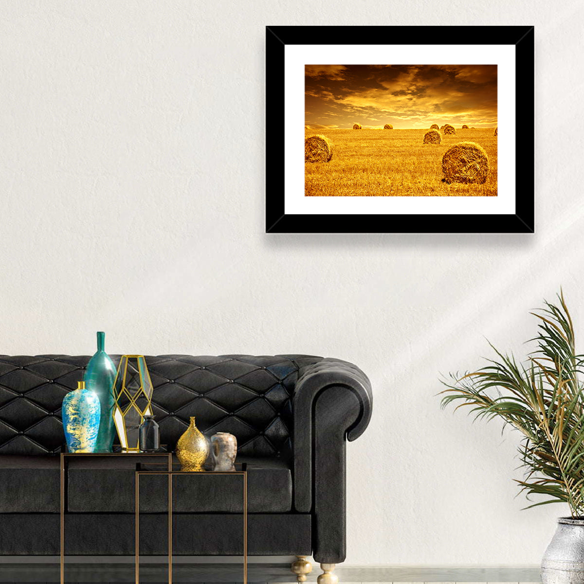 Golden Hour Haystacks Wall Art in a room, landscape