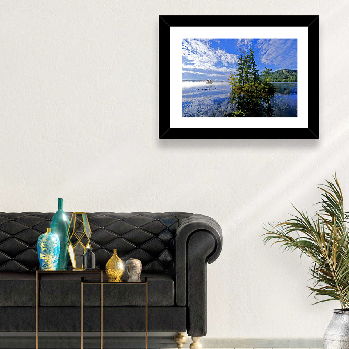 Misty Maine Lake Wall Art in a room, landscape