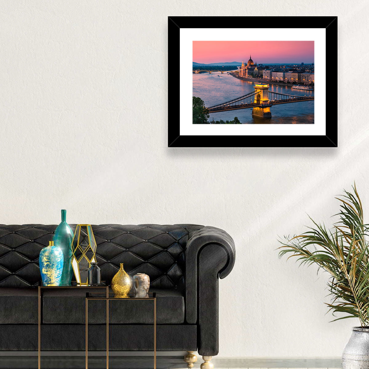 Budapest Chain Bridge at Twilight Wall Art in a room, landscape