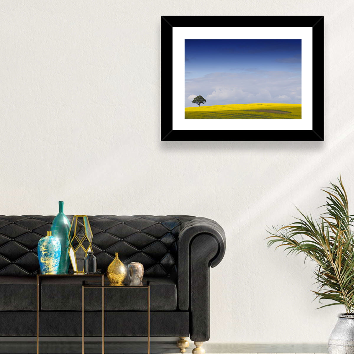 Solitary Tree Over Rapeseed Field Wall Art in a room, landscape