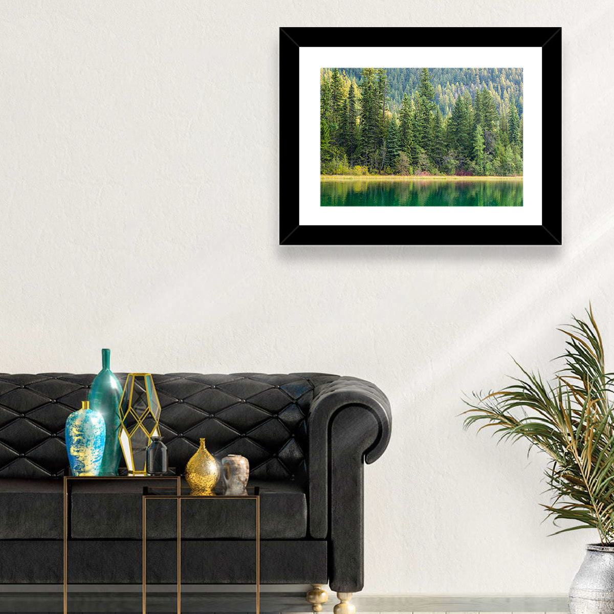 Tranquil Forest Lake Wall Art in a room, landscape