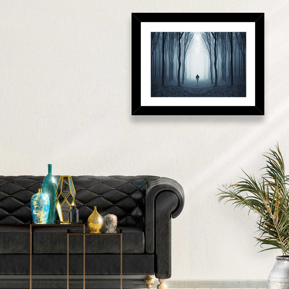 Lone Figure in Misty Forest Wall Art in a room, landscape
