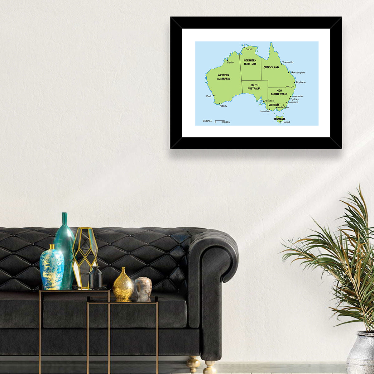 Minimalist Australia Map with State Labels Wall Art in a room, landscape
