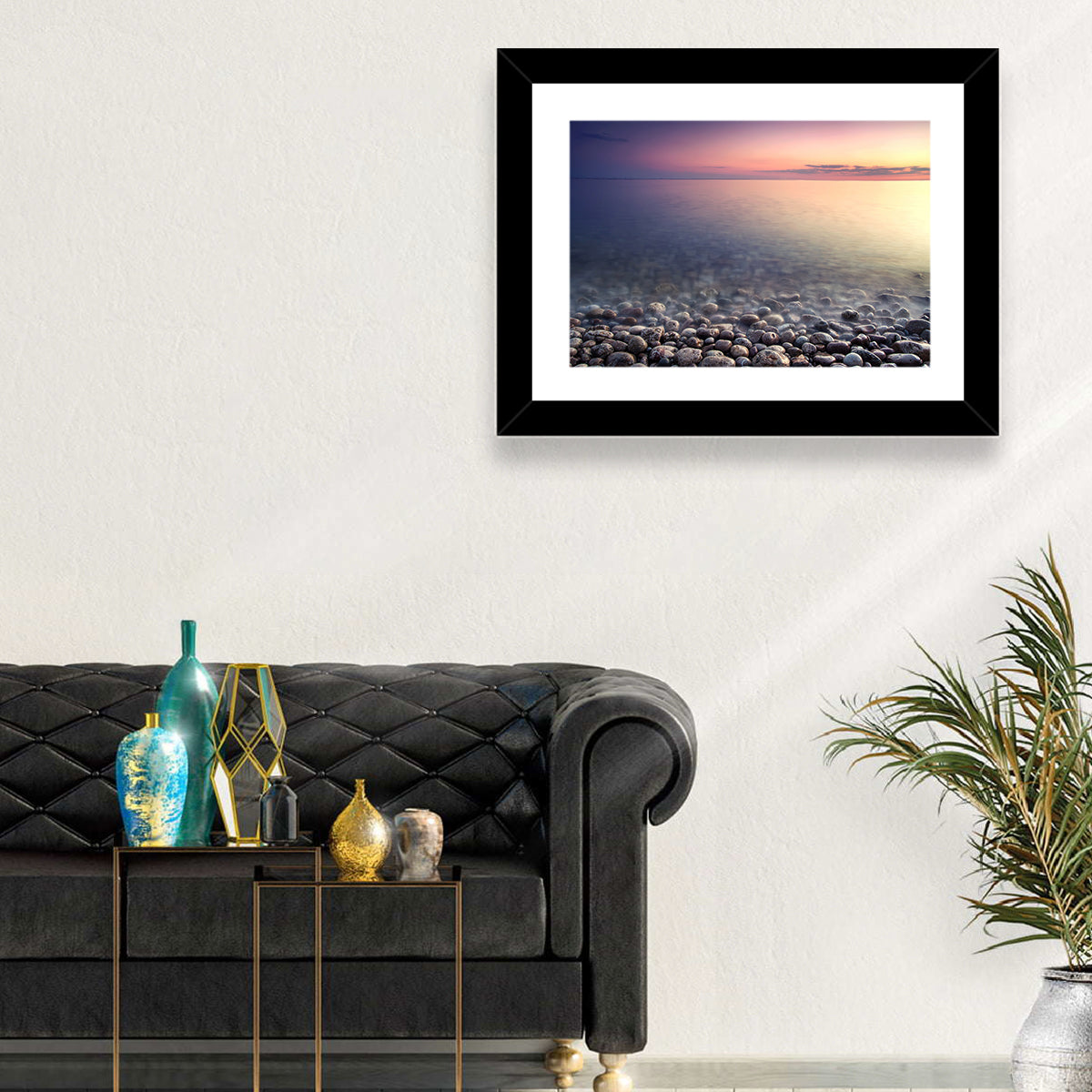 Pebbled Shore Sunset Wall Art in a room, landscape