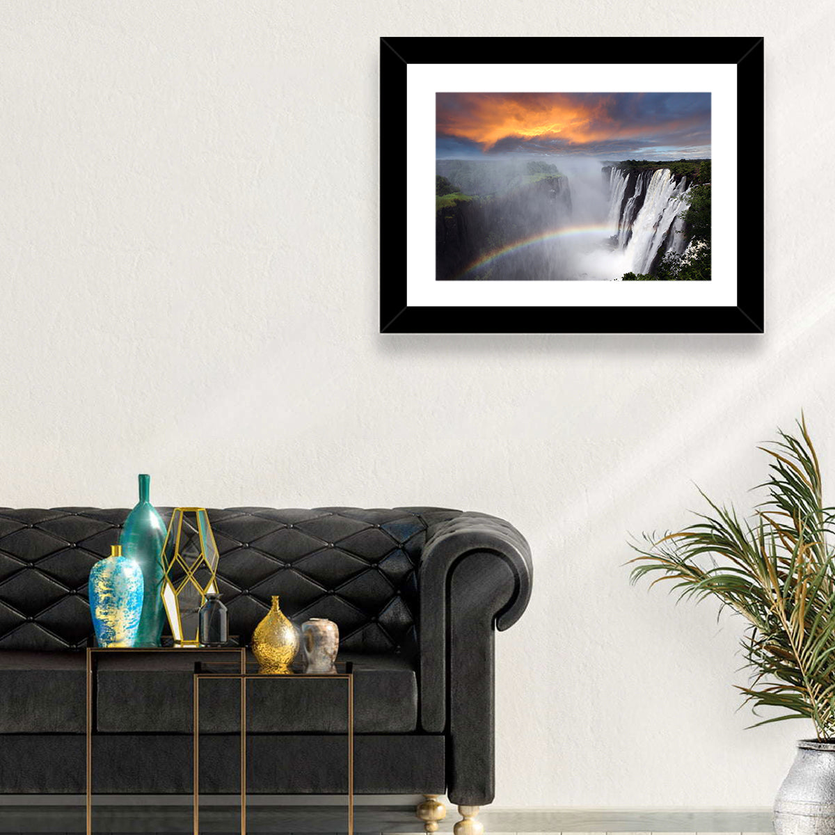 Victoria Falls Rainbow at Dusk Wall Art in a room, landscape