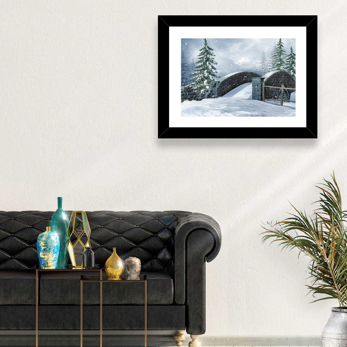 Snowy Stone Bridge in Winter Forest Wall Art in a room, landscape