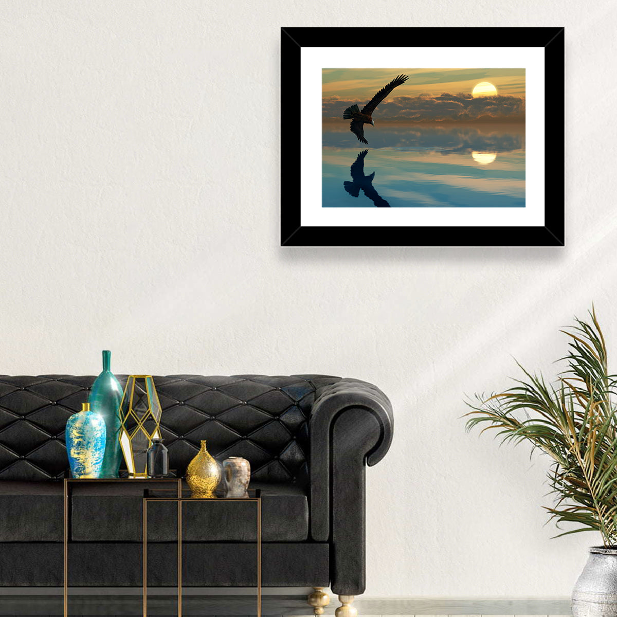 Bald Eagle Sunset Reflection Wall Art in a room, landscape