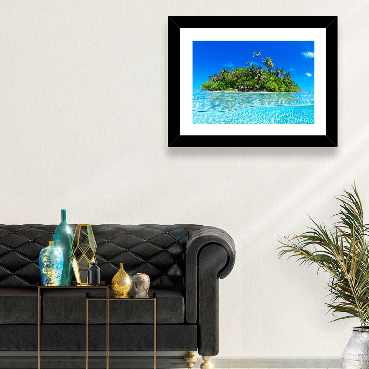Tropical Island Lagoon Split-level Seascape Wall Art in a room, landscape