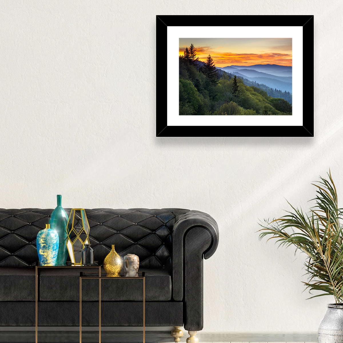 Great Smoky Mountains Sunset Wall Art in a room, landscape
