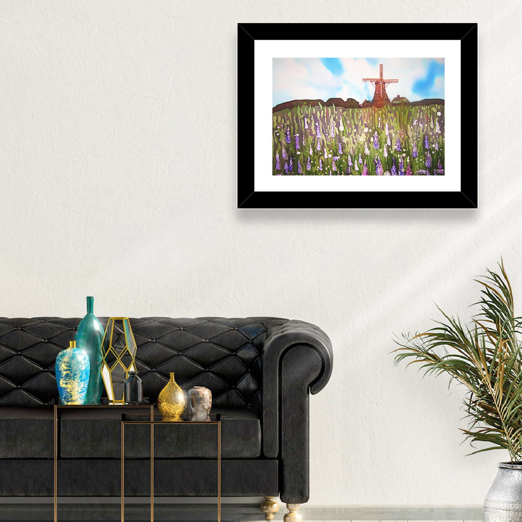 Ink Wash Windmill in Blooming Field Wall Art