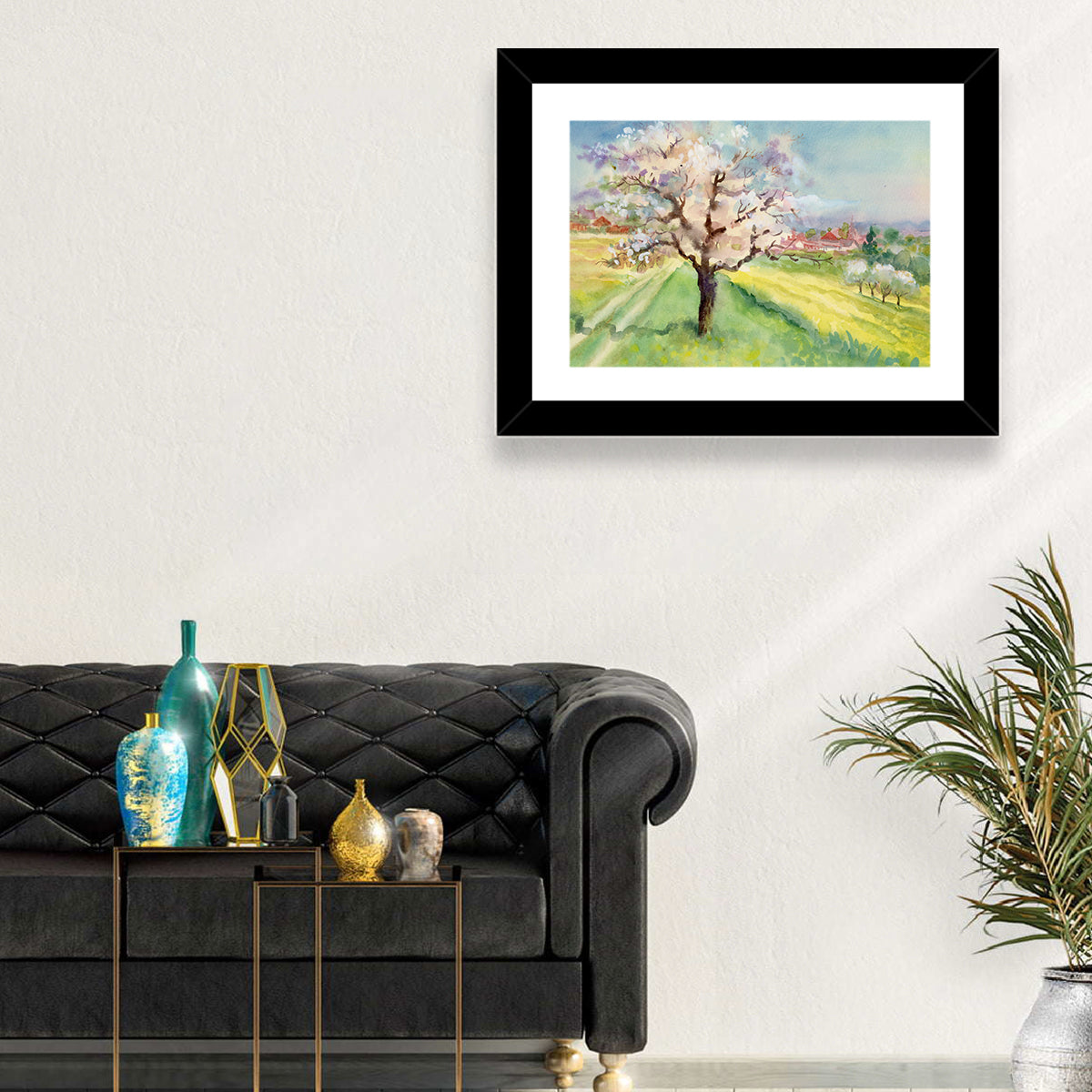 Spring Village Watercolor Wall Art in a room, landscape