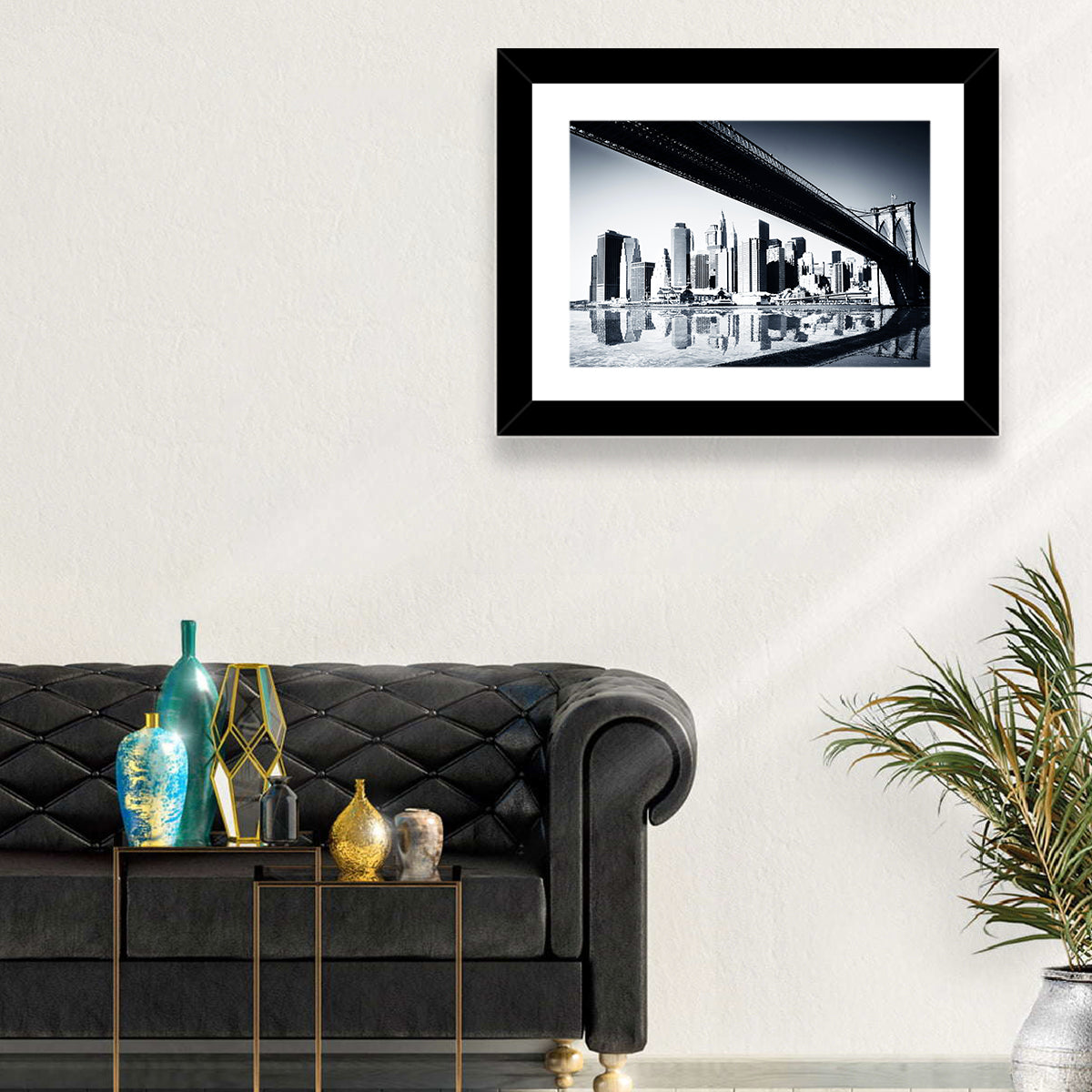 Brooklyn Bridge Low Angle Skyline Reflection Wall Art in a room, landscape