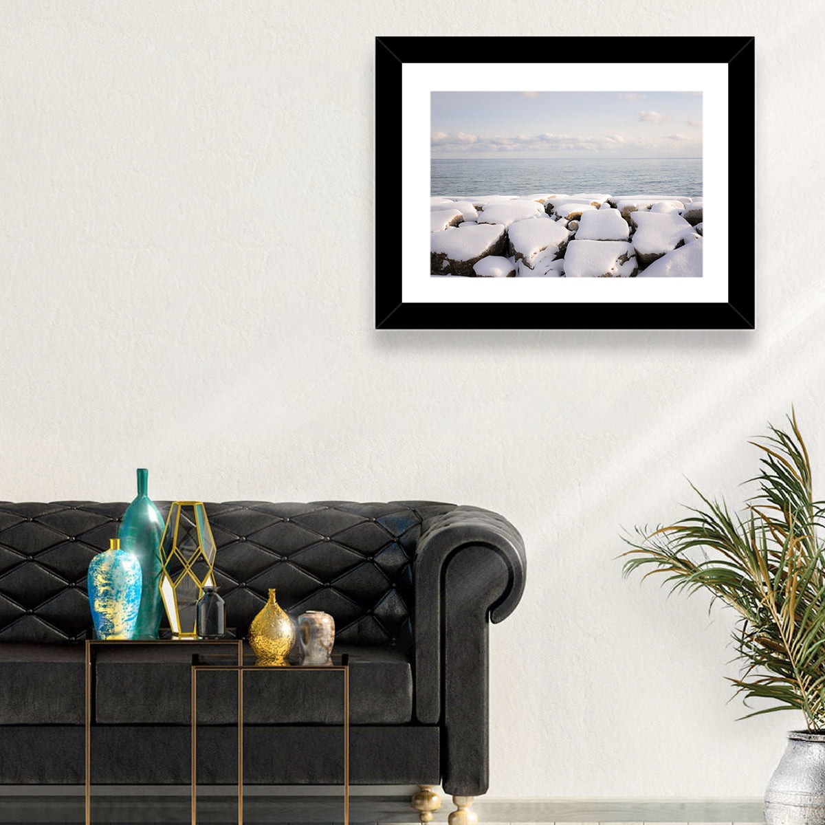 Lake Ontario Snowy Rocks Wall Art in a room, landscape