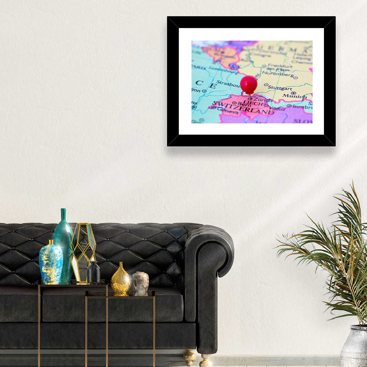 Zurich Map with Red Pin Wall Art in a room, landscape