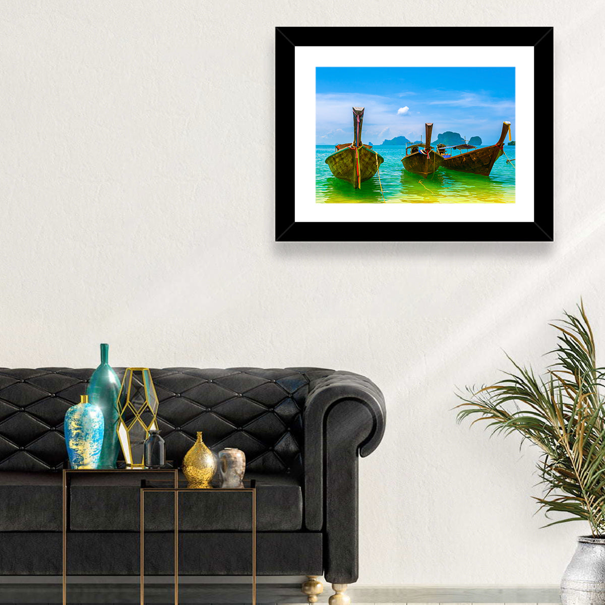Three Long-tail Boats on Turquoise Water Wall Art in a room, landscape