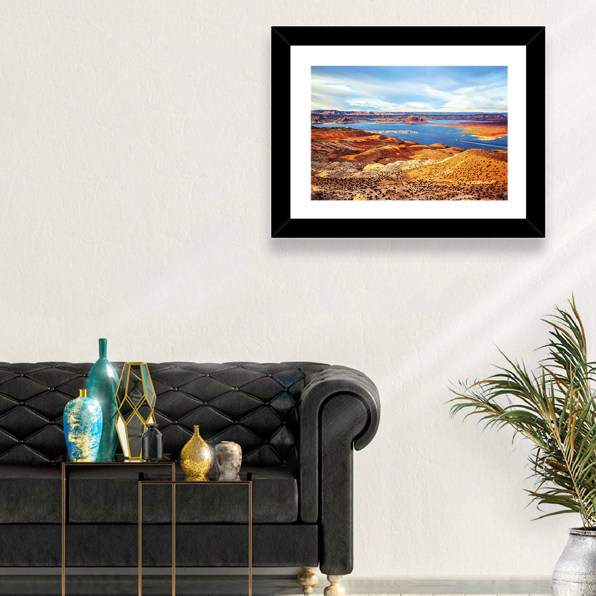 Lake Powell Marina Panorama Wall Art in a room, landscape