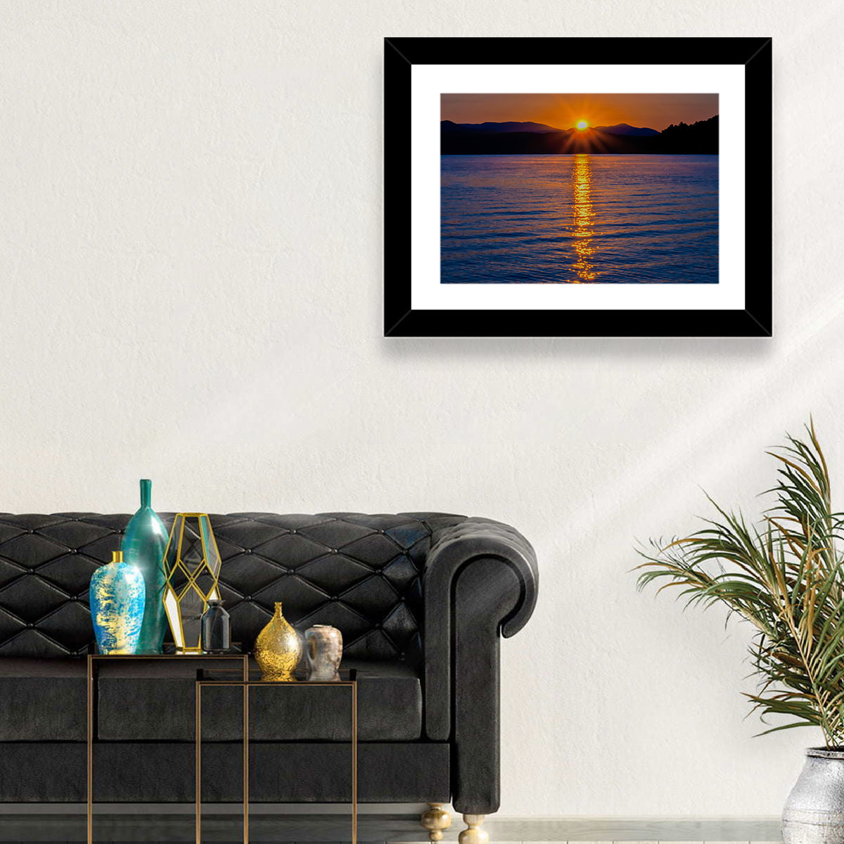 Lake Jocassee Golden Sunrise Wall Art in a room, landscape