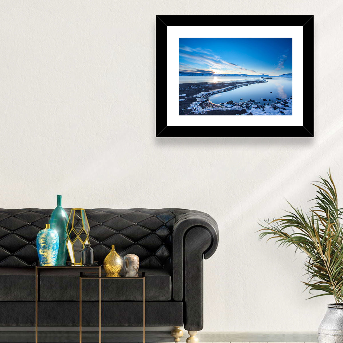 Lake Kleifarvatn Icy Shoreline Wall Art in a room, landscape