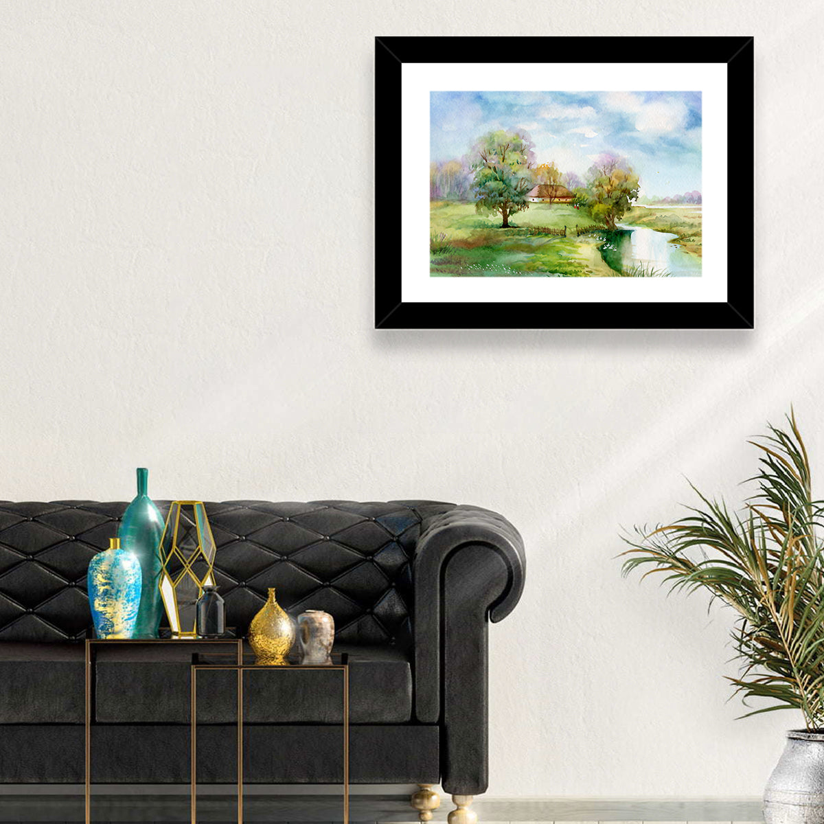 Spring Cottage by the Stream Wall Art in a room, landscape