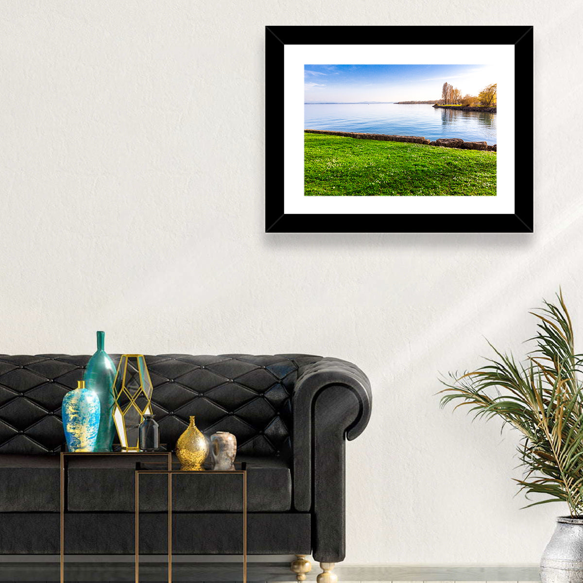 Lake Neuchatel Meadow Wall Art in a room, landscape