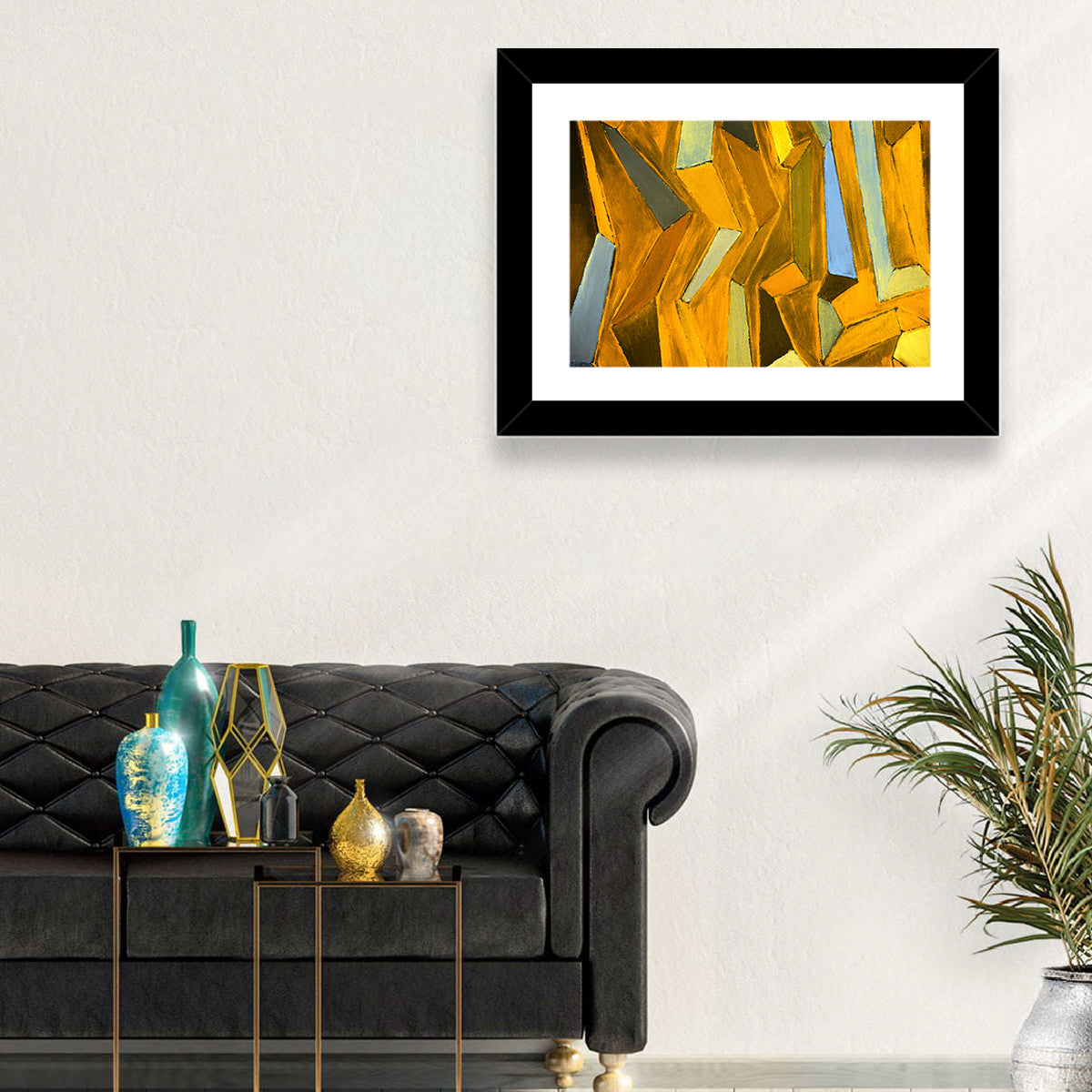 Golden Blocks Abstract Wall Art in a room, landscape