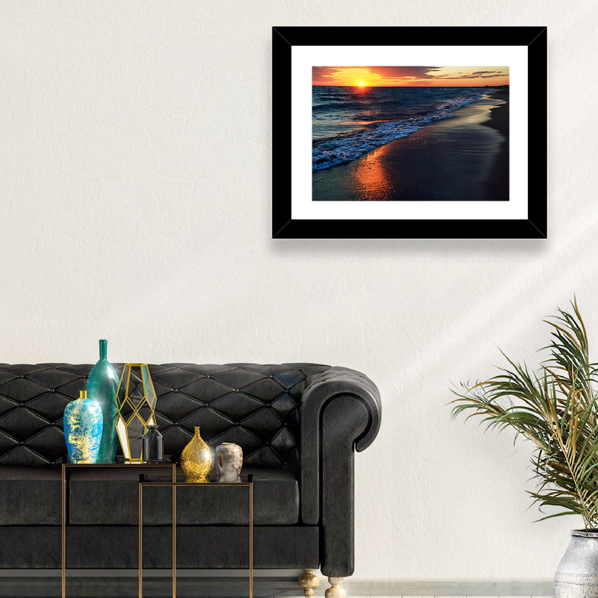 Lake Balkhash Golden Dusk Wall Art in a room, landscape