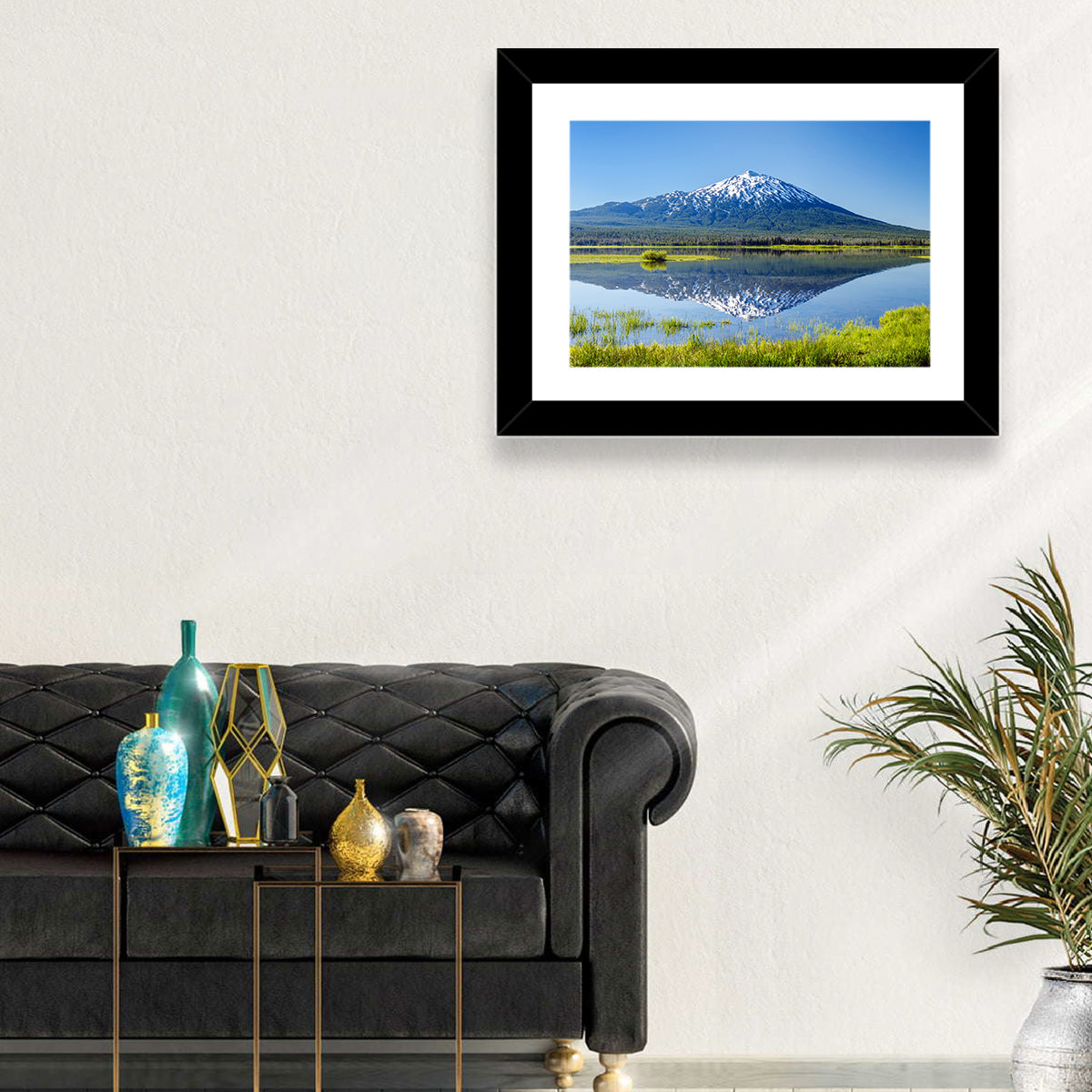 Mount Bachelor Lake Reflection Wall Art in a room, landscape