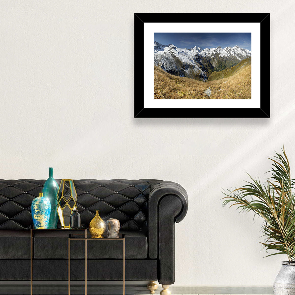 Crisp Alpine Valley with Snow-capped Peaks Wall Art in a room, landscape