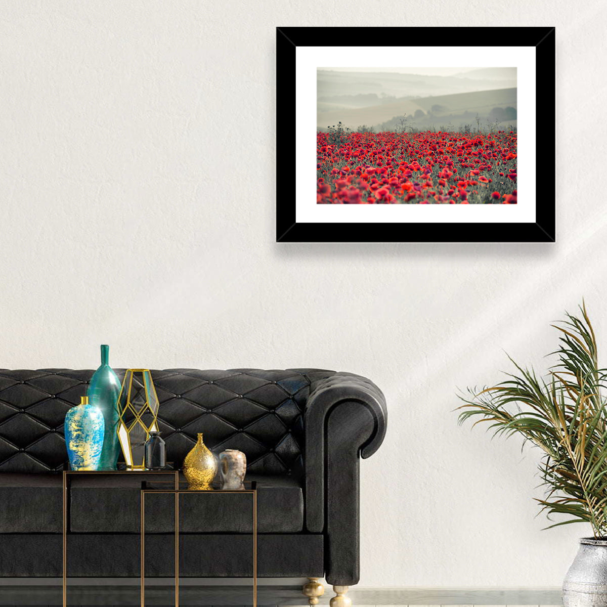 Red Poppy Field Wall Art in a room, landscape