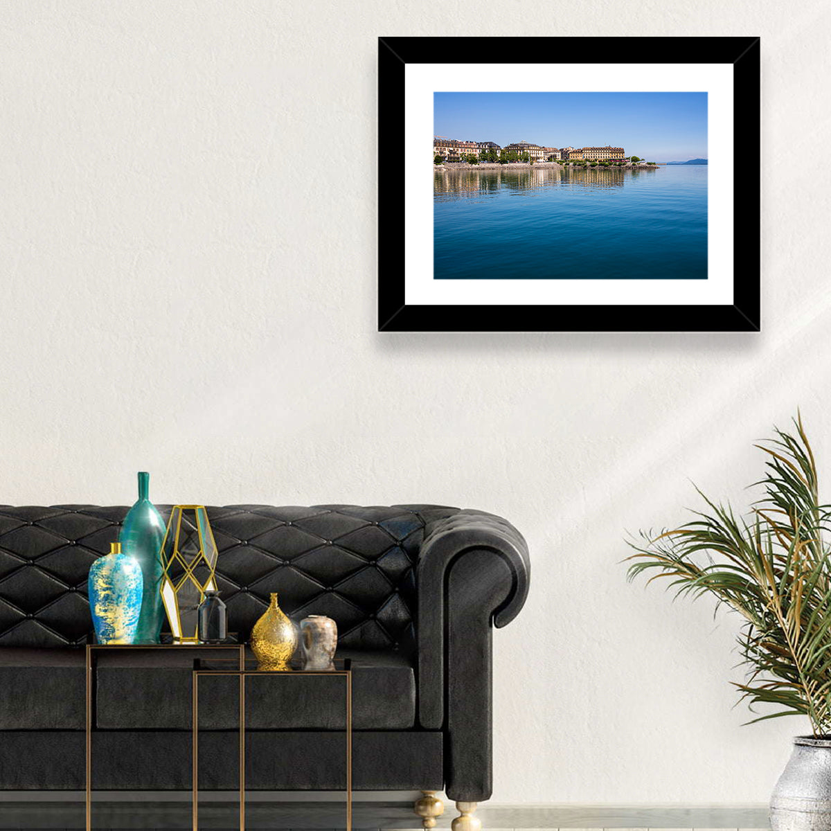 Tranquil Lake Neuchatel Wall Art in a room, landscape