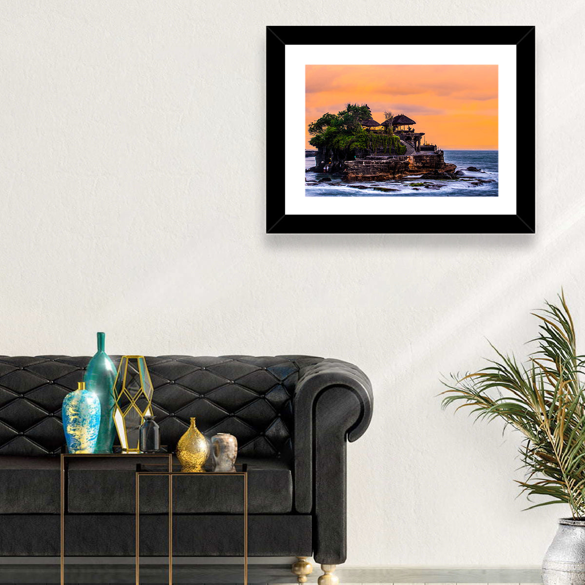 Tanah Lot Temple at Sunset Wall Art in a room, landscape