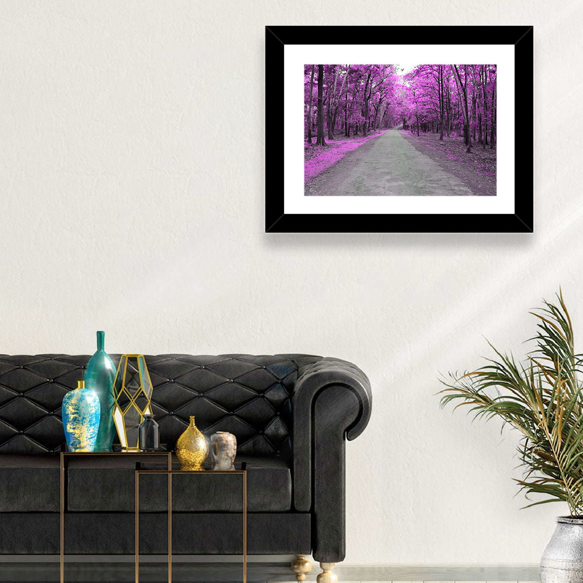 Magenta Autumn Forest Road Wall Art in a room, landscape