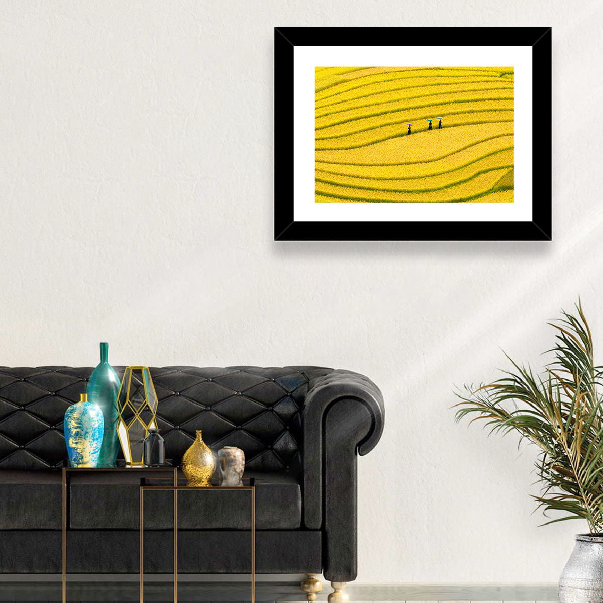 Golden Rice Terraces with Umbrellas Wall Art in a room, landscape