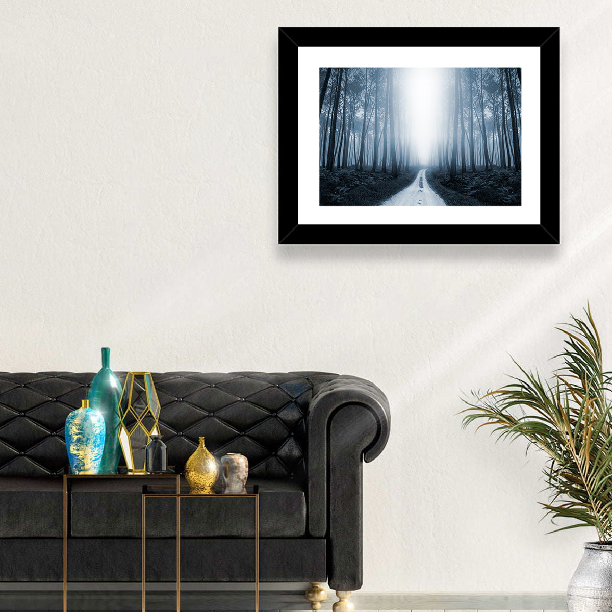 Misty Forest Road at Twilight Wall Art in a room, landscape