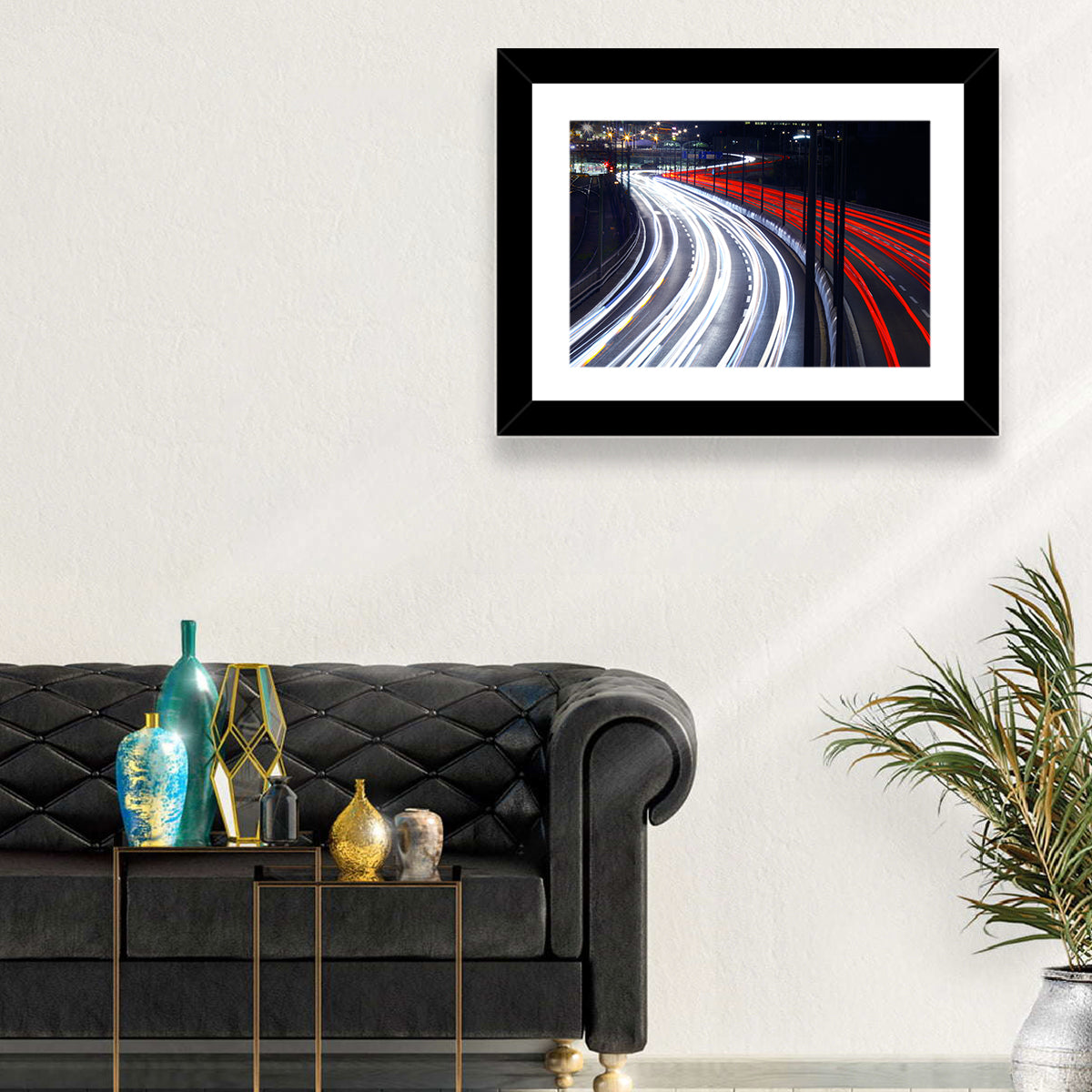 Night Highway Light Trails Wall Art in a room, landscape