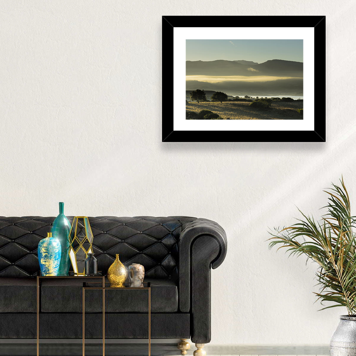 Lake Omodeo Morning Mist Wall Art in a room, landscape