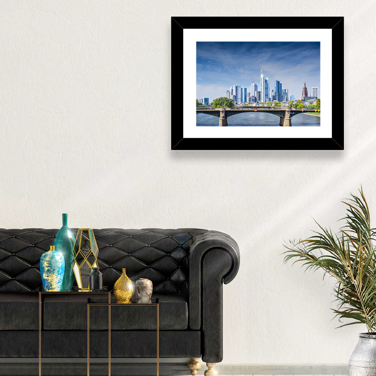 Frankfurt Skyline with Eiserner Steg Wall Art in a room, landscape