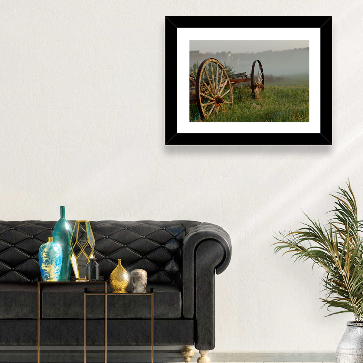 Weathered Wagon in Morning Mist Wall Art in a room, landscape