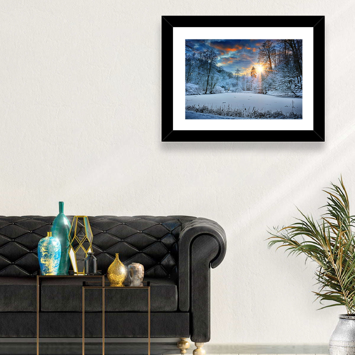 Frozen Forest Lake Wall Art in a room, landscape